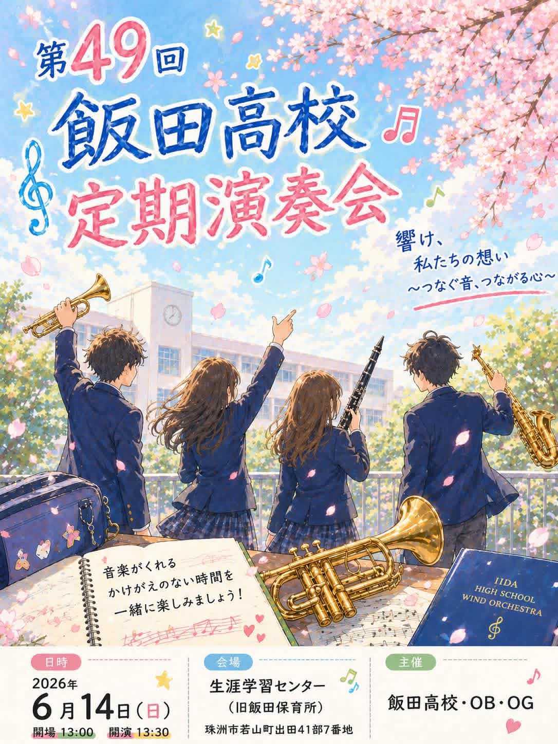 石川県立飯田高等学校吹奏楽部 第49回定期演奏会 会場:珠洲市生涯学習センター 日時:2026年6月14日(日) 13:00開場 13:30開演